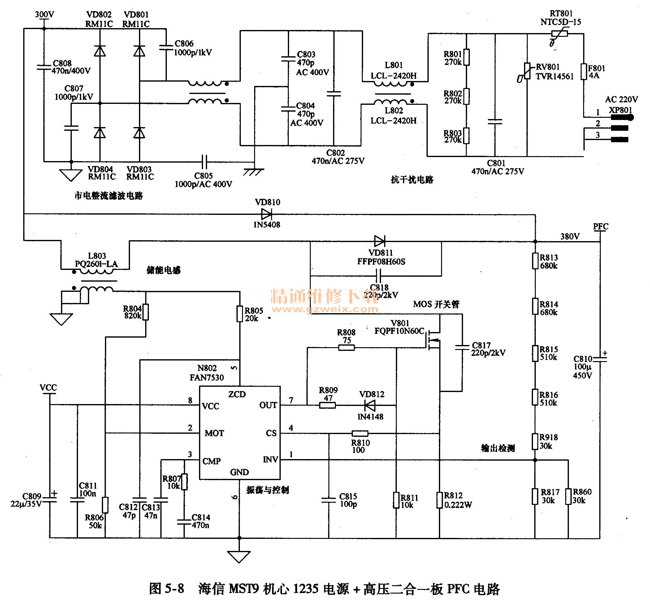 海信MST9機(jī)芯1235電源+高壓二合一板PFC電路